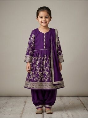 Purple and Gold Embroidered Anarkali with Afgani Salwar for Girls